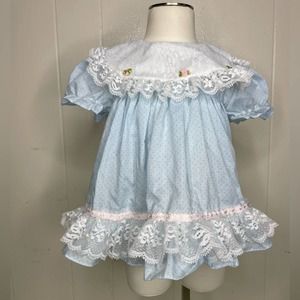 Vintage Cutest One Blue White Lace Ruffle Dress Baby Girl 18M USA Made